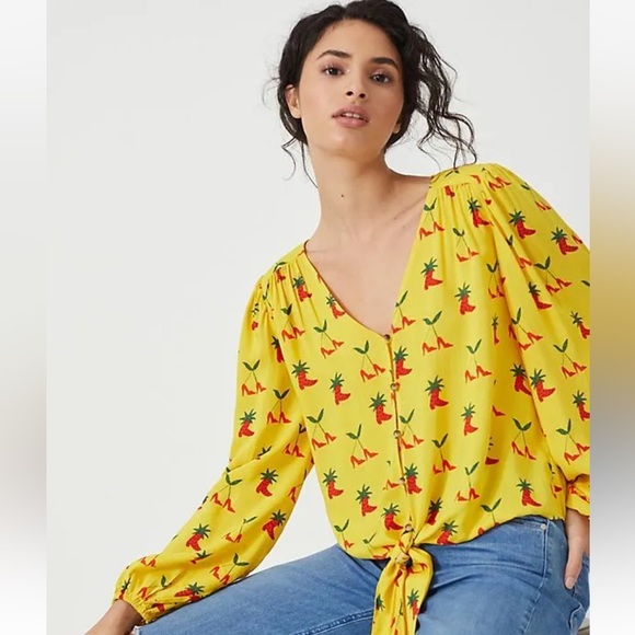 NWT Anthropologie Kendra Dandy Dreamer Buttondown Top Yellow Strawberry - Picture 3 of 11